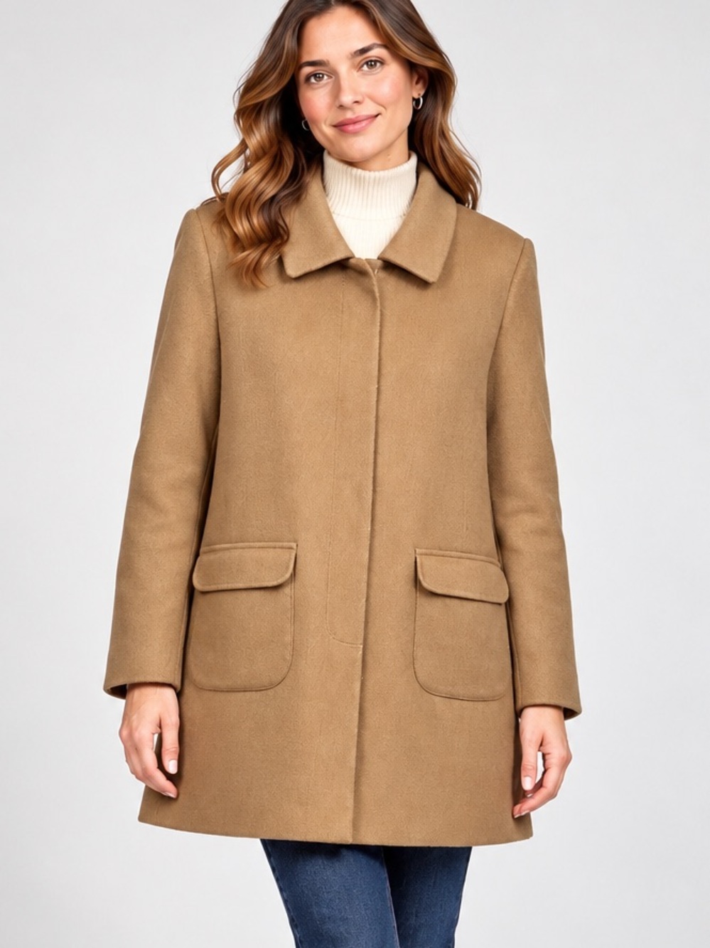 Wool Blend Camel A-Line Car Coat | Flap Pockets Size M